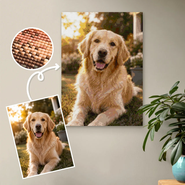 Custom diamond painting kit made from a photo, with canvas, drills, and tools