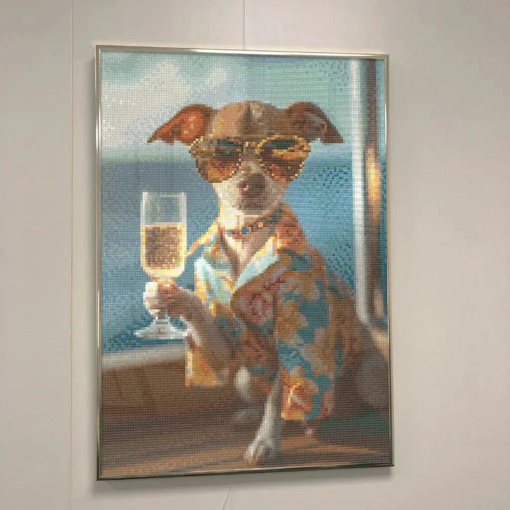 Finished custom photo diamond painting displayed on a wall