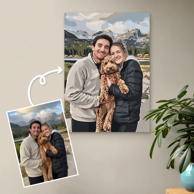 Original photo next to the finished custom paint by numbers canvas of a couple with their dog