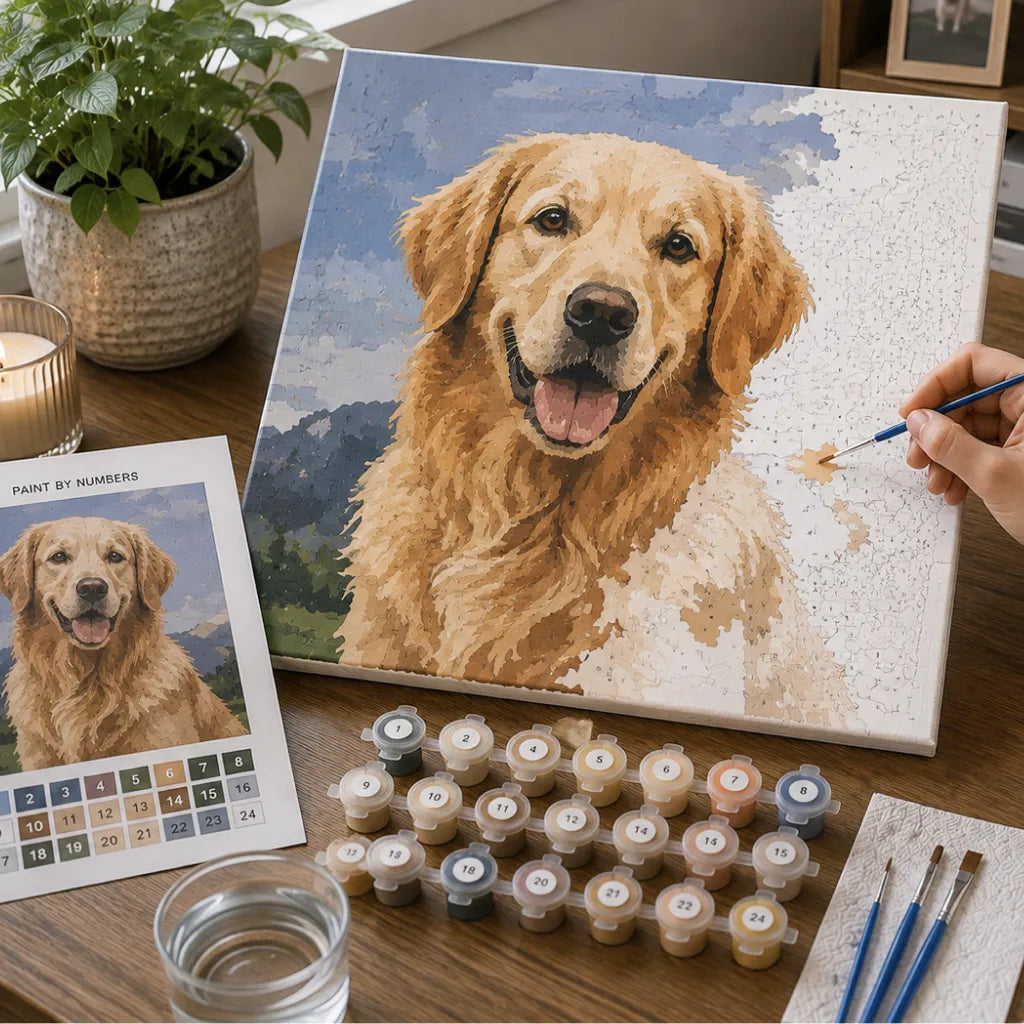 Custom pet paint by number of a golden retriever in progress, with numbered paint pots