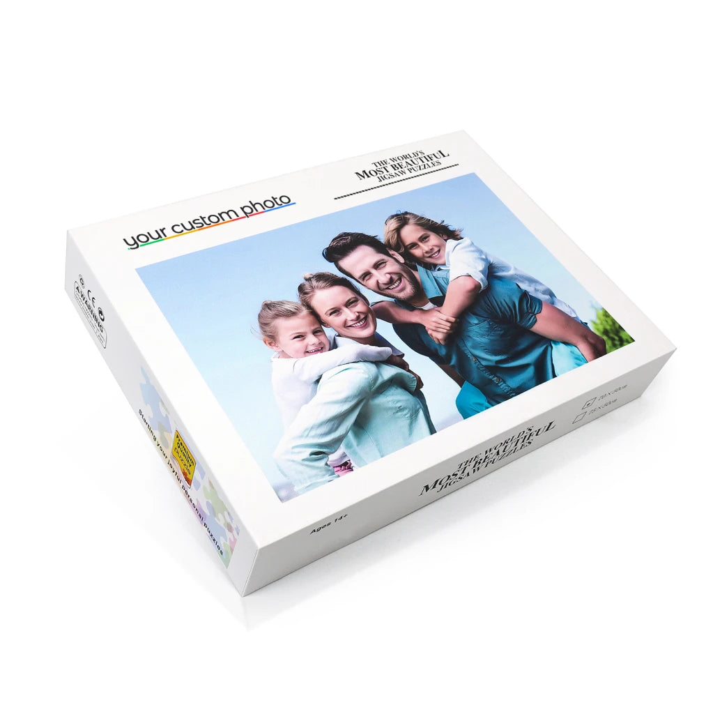Close-up of custom photo puzzle pieces with a matte, anti-glare surface