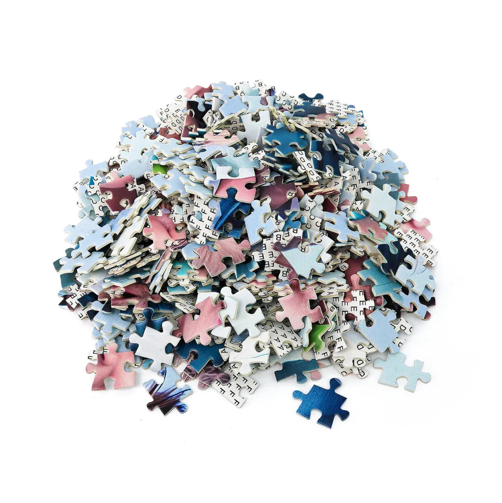 Loose custom puzzle pieces with sorting letters printed on the back
