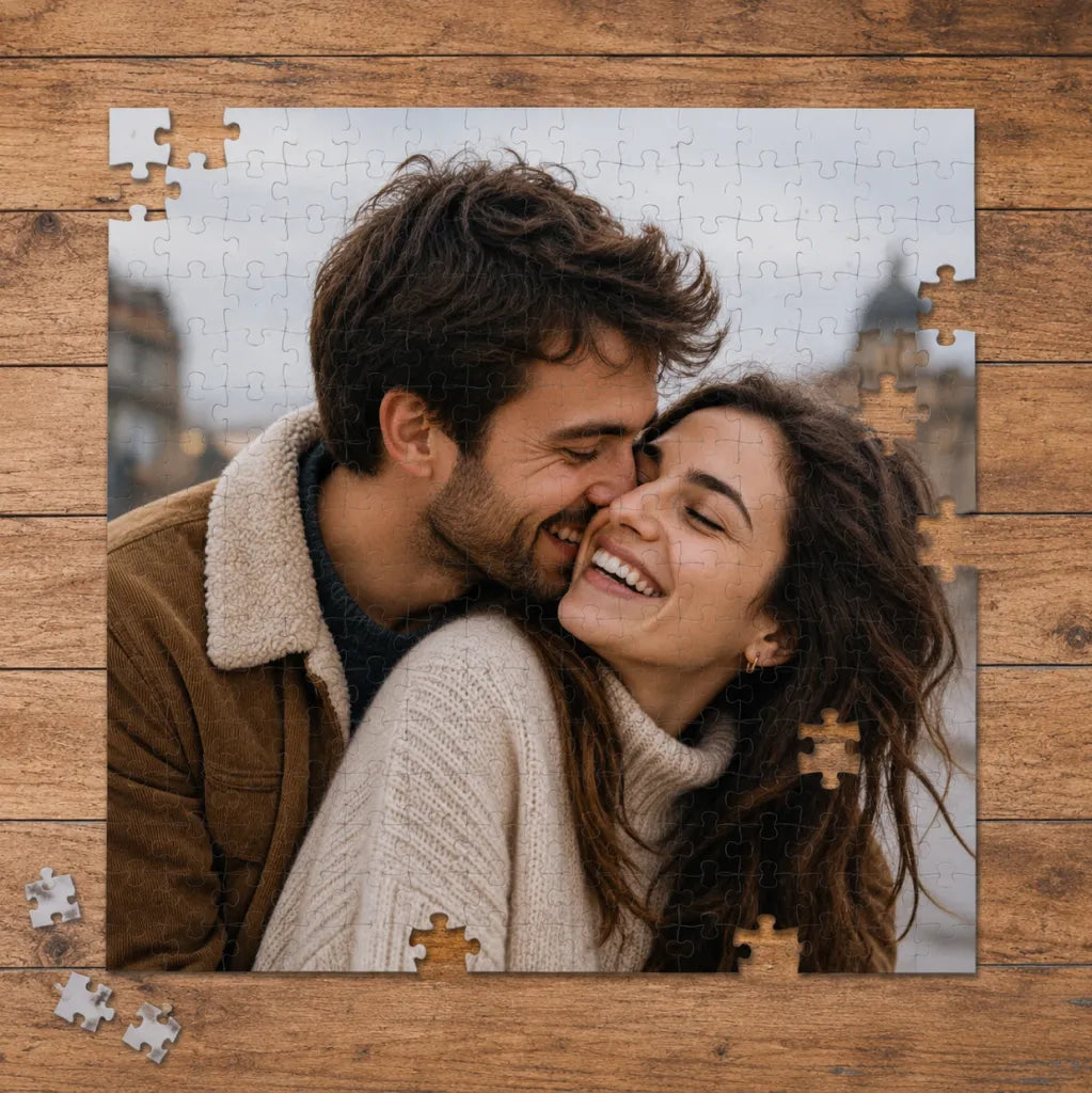 Custom photo puzzle of a couple, nearly finished on a wooden table