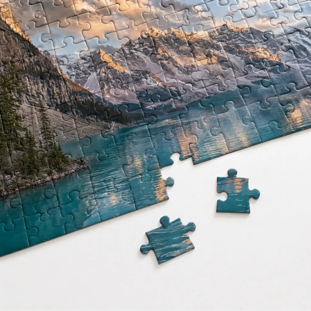 Partially assembled custom photo puzzle of a mountain lake landscape