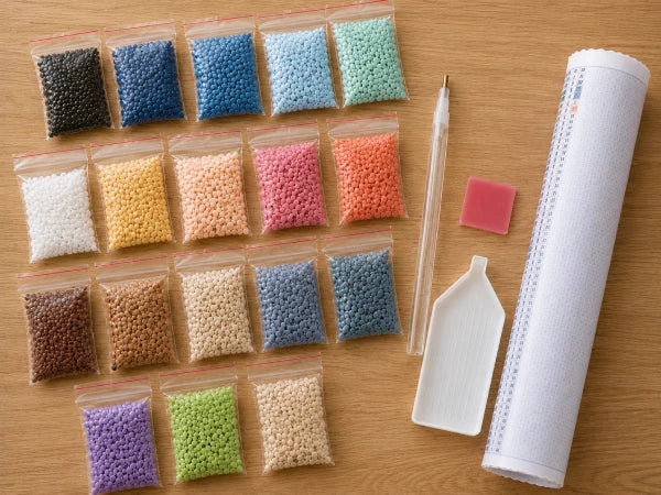 Complete custom diamond painting kit contents laid out flat