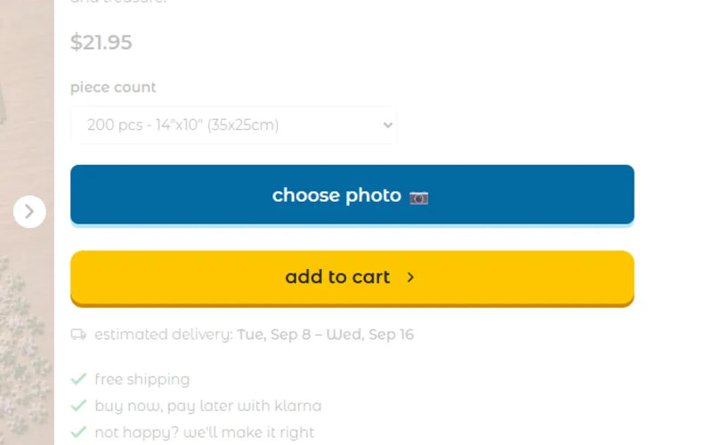 Product page where you pick a piece count and upload your photo