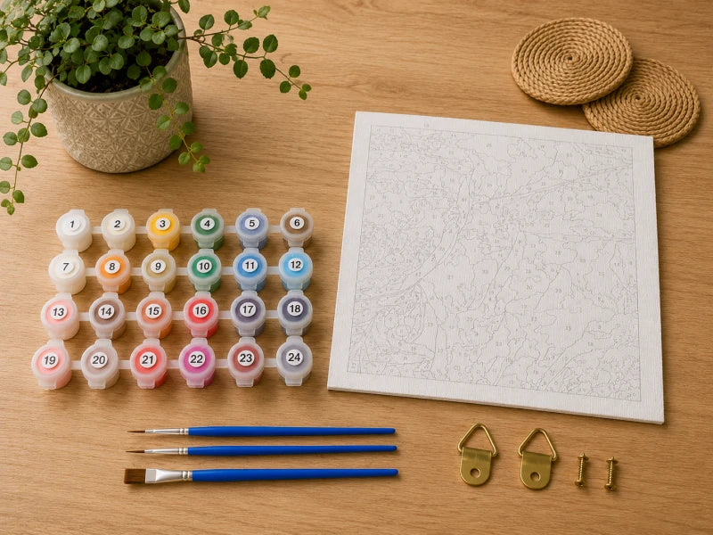 Paint by numbers kit contents: numbered canvas, acrylic paints, brushes, and instructions