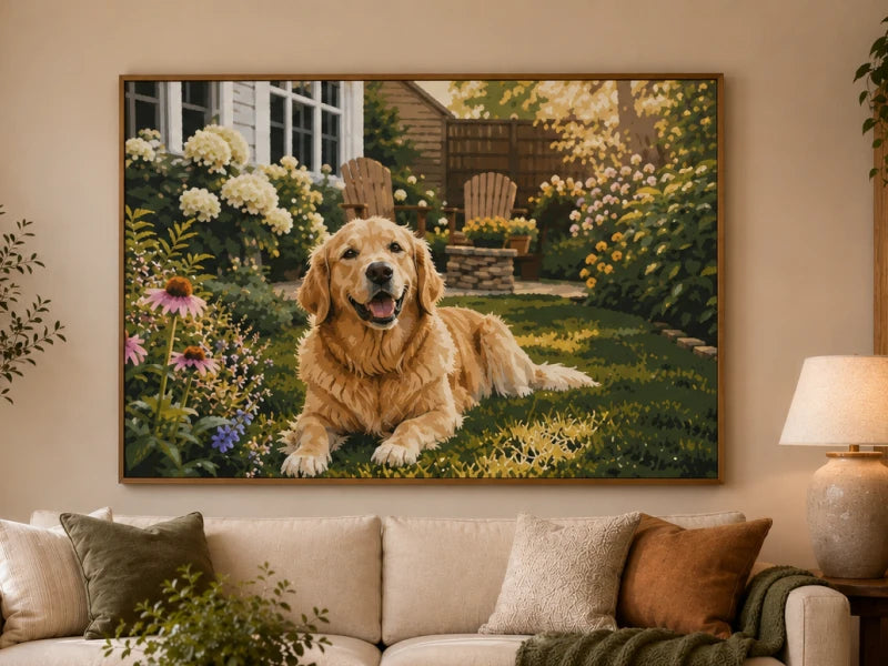 Original photo next to the finished paint by numbers painting